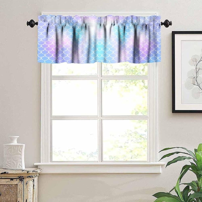 AAVEUP Mermaid Valance Curtain Fantasy Blue Pink Ocean Mermaid Scale Window Treatment Valances Curtains for Kids Girls Room Bedroom Living Room 54x18In - Image 4